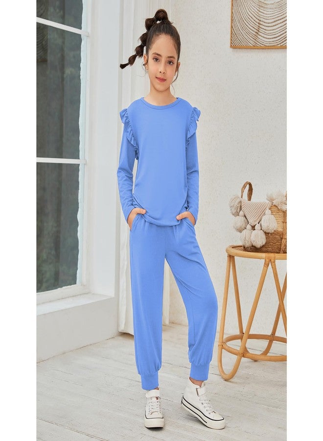 QPANCY Girls Clothing Sets Blue Tops & Sweatpants Outfits Sportwear Sweatsuits Tracksuits Loungewear Size 8 9 - Image 3